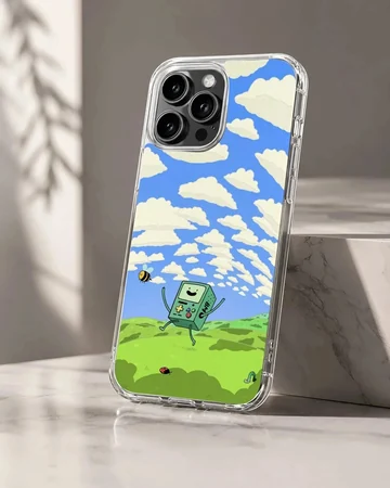 BMO character dancing in a field of clouds phone case