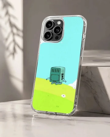 BMO character on bright blue and green cartoon background phone case