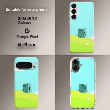 BMO character on bright blue and green cartoon background phone case — Collage
