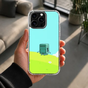 BMO character on bright blue and green cartoon background phone case — Lifestyle