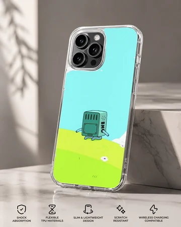 BMO character on bright blue and green cartoon background phone case — Specs
