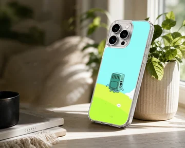 BMO character on bright blue and green cartoon background phone case — Lifestyle