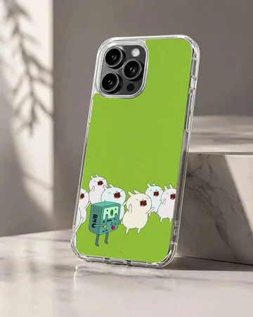 BMO phone case with cartoon characters on green background