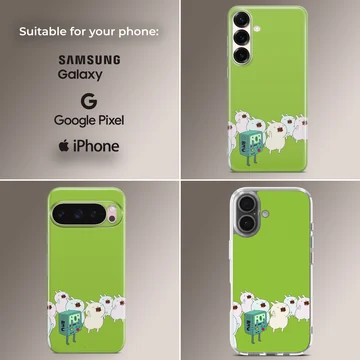 BMO phone case with cartoon characters on green background — Collage