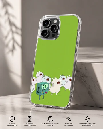 BMO phone case with cartoon characters on green background — Specs