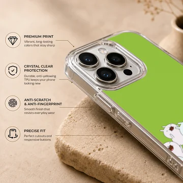 BMO phone case with cartoon characters on green background — Info