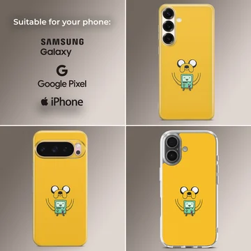 Playful BMO cartoon character on yellow background phone case — Collage