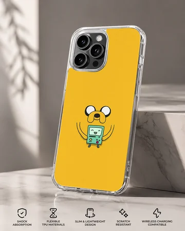 Playful BMO cartoon character on yellow background phone case — Specs