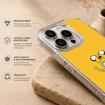 Playful BMO cartoon character on yellow background phone case — Info