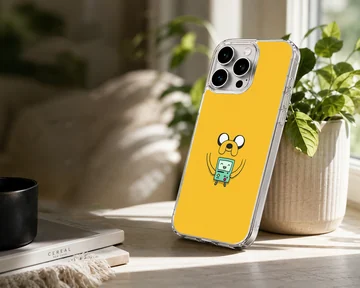Playful BMO cartoon character on yellow background phone case — Lifestyle