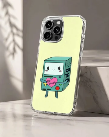BMO holding a heart with 'Be Mine' cartoon art on phone case