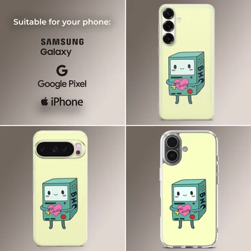 BMO holding a heart with 'Be Mine' cartoon art on phone case — Collage
