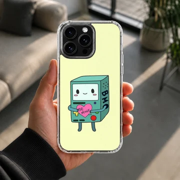 BMO holding a heart with 'Be Mine' cartoon art on phone case — Lifestyle