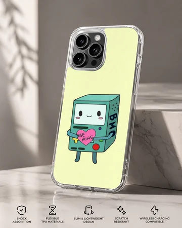 BMO holding a heart with 'Be Mine' cartoon art on phone case — Specs
