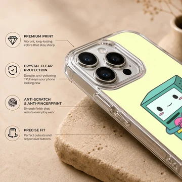 BMO holding a heart with 'Be Mine' cartoon art on phone case — Info