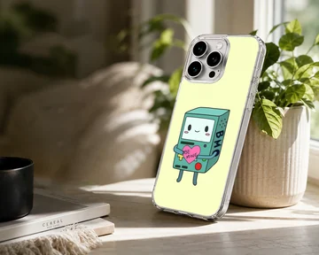 BMO holding a heart with 'Be Mine' cartoon art on phone case — Lifestyle