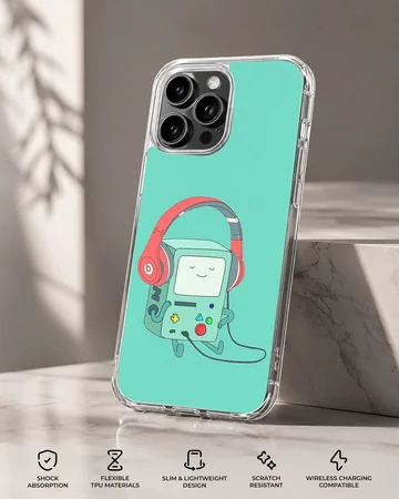 BMO cartoon character with headphones phone case — Specs