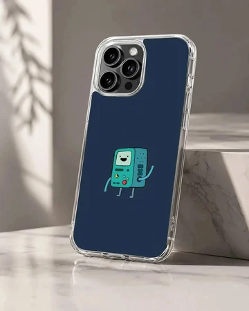 Playful BMO character on a blue background phone case