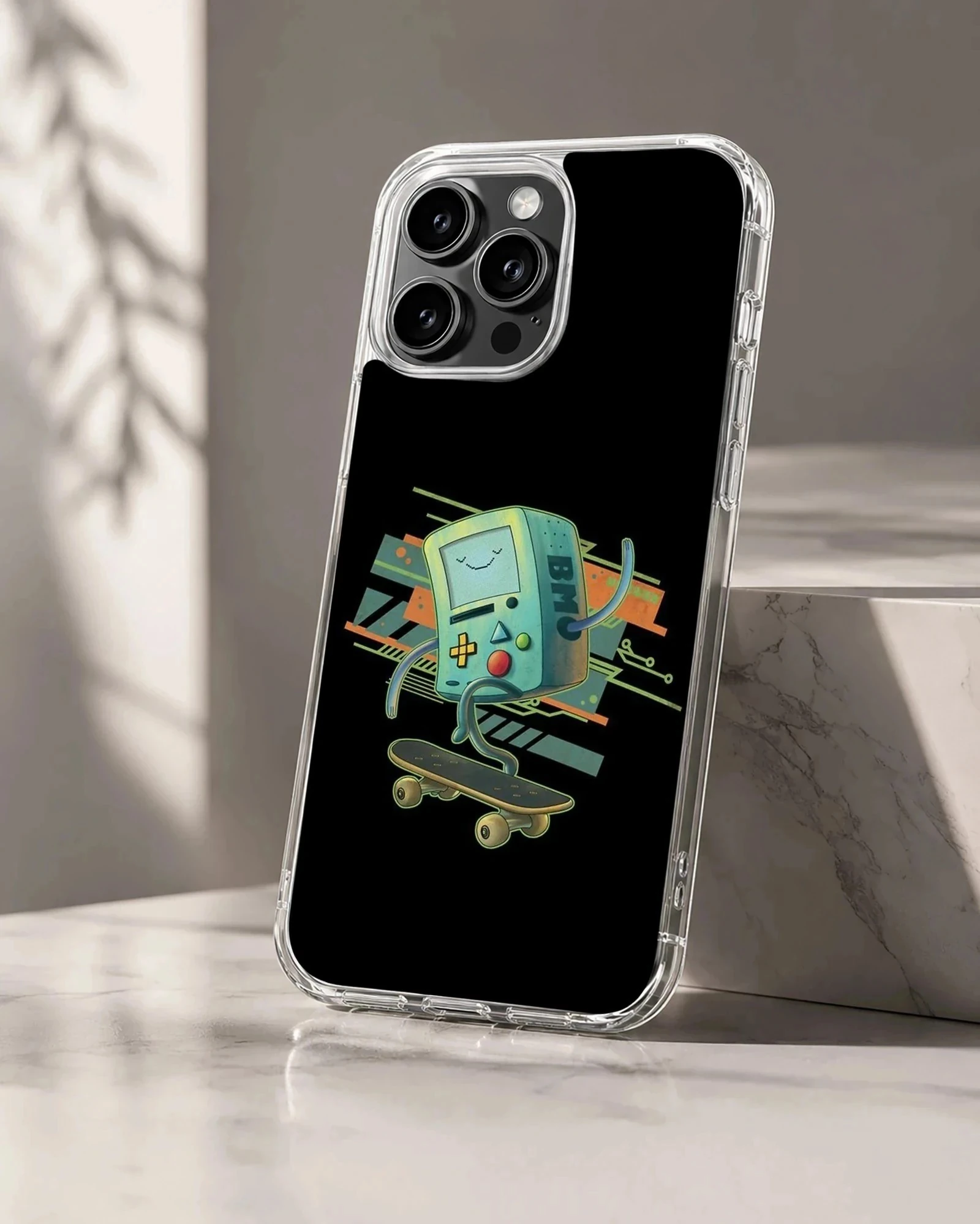 BMO cartoon graphic with skateboard on phone case
