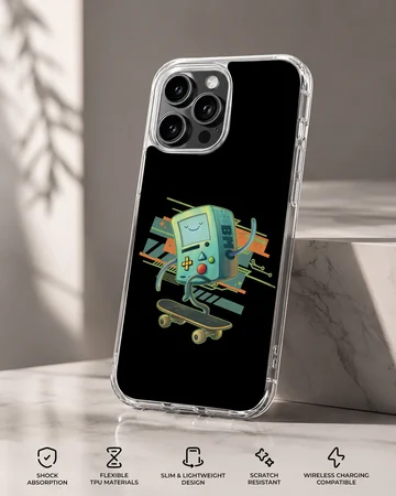 BMO cartoon graphic with skateboard on phone case — Specs