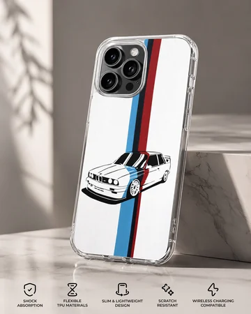 BMW E30 car with racing stripes phone case — Specs