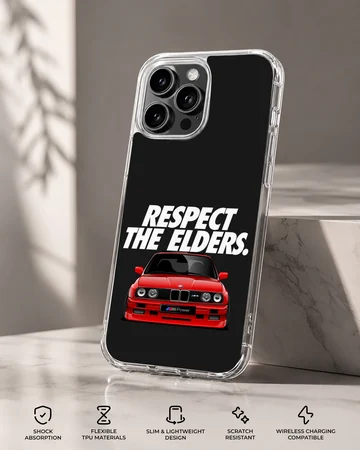 BMW E30 car with bold typography phone case — Specs