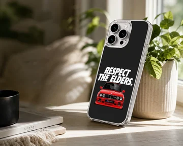 BMW E30 car with bold typography phone case — Lifestyle