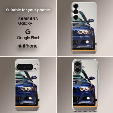 BMW E46 car design on phone case with blue and black hues — Collage