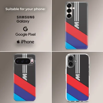 Dynamic BMW M Stripes design on a phone case — Collage