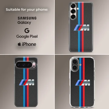 Phone case featuring BMW M Stripes design with racing colors. — Collage