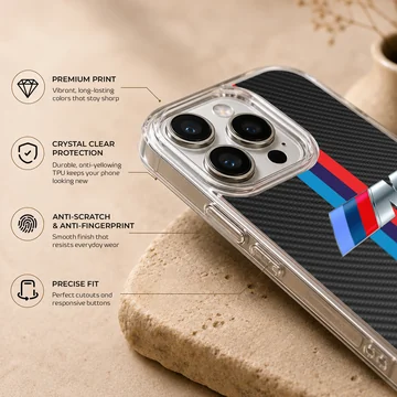 Phone case featuring BMW M Stripes design with racing colors. — Info