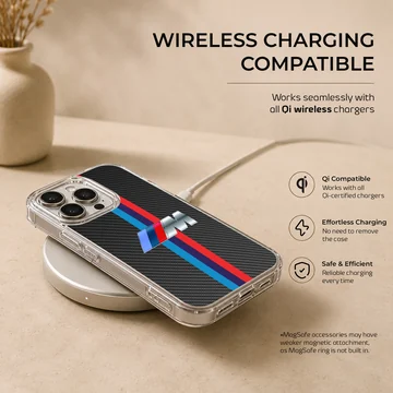 Phone case featuring BMW M Stripes design with racing colors. — Charging