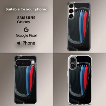 BMW design with iconic stripes on phone case — Collage