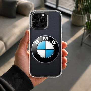 Close-up of BMW3.2 logo design on phone case — Lifestyle