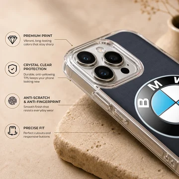 Close-up of BMW3.2 logo design on phone case — Info