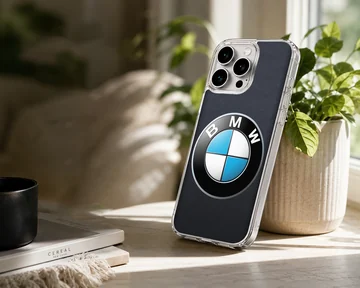 Close-up of BMW3.2 logo design on phone case — Lifestyle