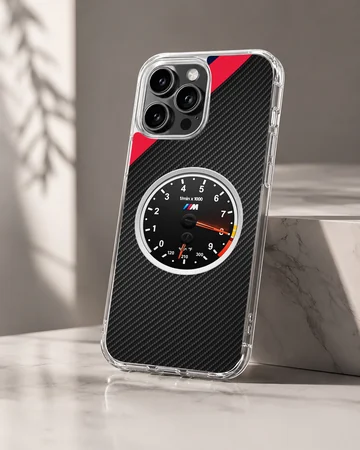 BMW tachometer design with carbon fiber texture on phone case — Hero
