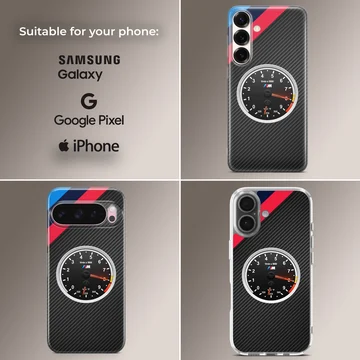 BMW tachometer design with carbon fiber texture on phone case — Collage