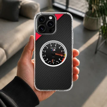 BMW tachometer design with carbon fiber texture on phone case — Lifestyle