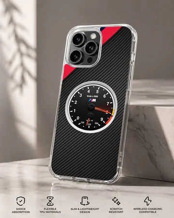 BMW tachometer design with carbon fiber texture on phone case — Specs