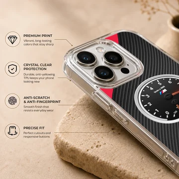BMW tachometer design with carbon fiber texture on phone case — Info