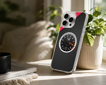 BMW tachometer design with carbon fiber texture on phone case — Lifestyle