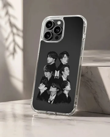 BTS portrait design on phone case, iconic black and white look.