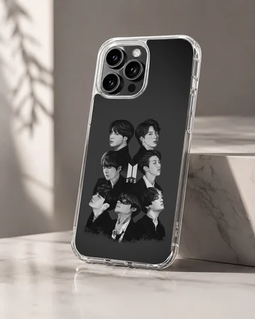 BTS portrait design on phone case, iconic black and white look. — Hero