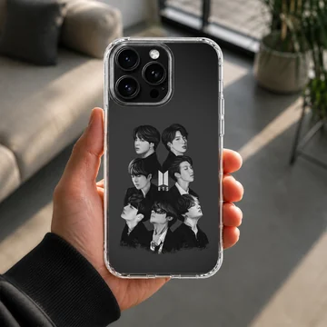 BTS portrait design on phone case, iconic black and white look. — Lifestyle