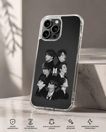 BTS portrait design on phone case, iconic black and white look. — Specs