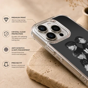 BTS portrait design on phone case, iconic black and white look. — Info