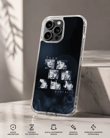 BTS group collage on a black phone case — Specs