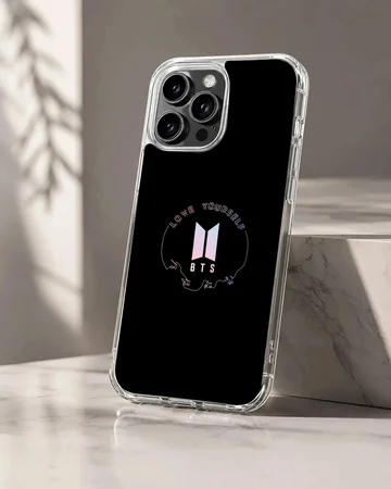 BTS logo design on black phone case with bold typography