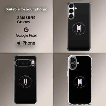 BTS logo design on black phone case with bold typography — Collage